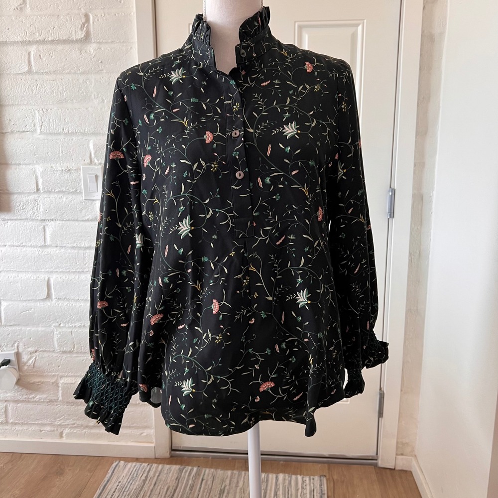 Tuckernuck Black Floral Ruffle Neck Smocked Cuff Linen Blend Blouse Large